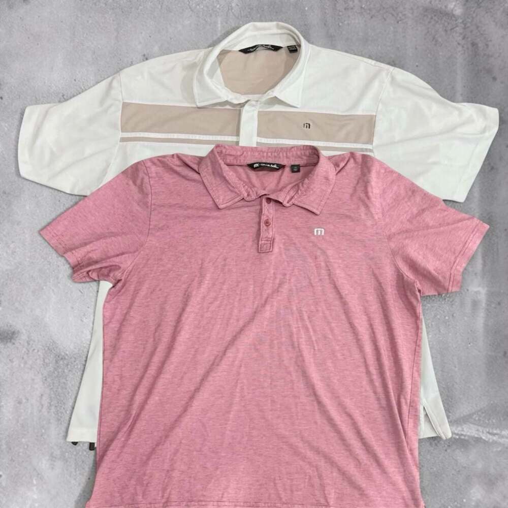 Travis Mathew Polo Shirt Men's 2XL lot of 2. Red and Beige Stripe polos